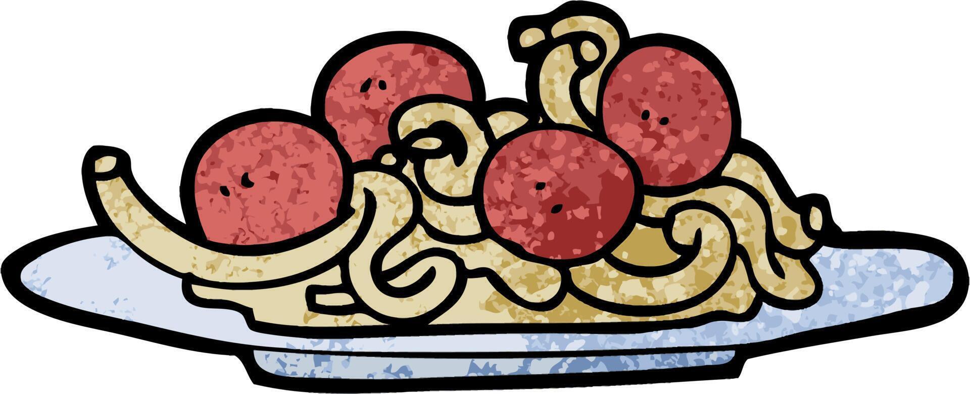 grunge texturerad illustration tecknad serie spaghetti och köttbullar vektor