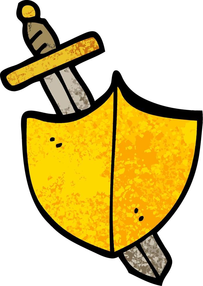 grunge texturerad illustration tecknad serie svärd och skydda vektor