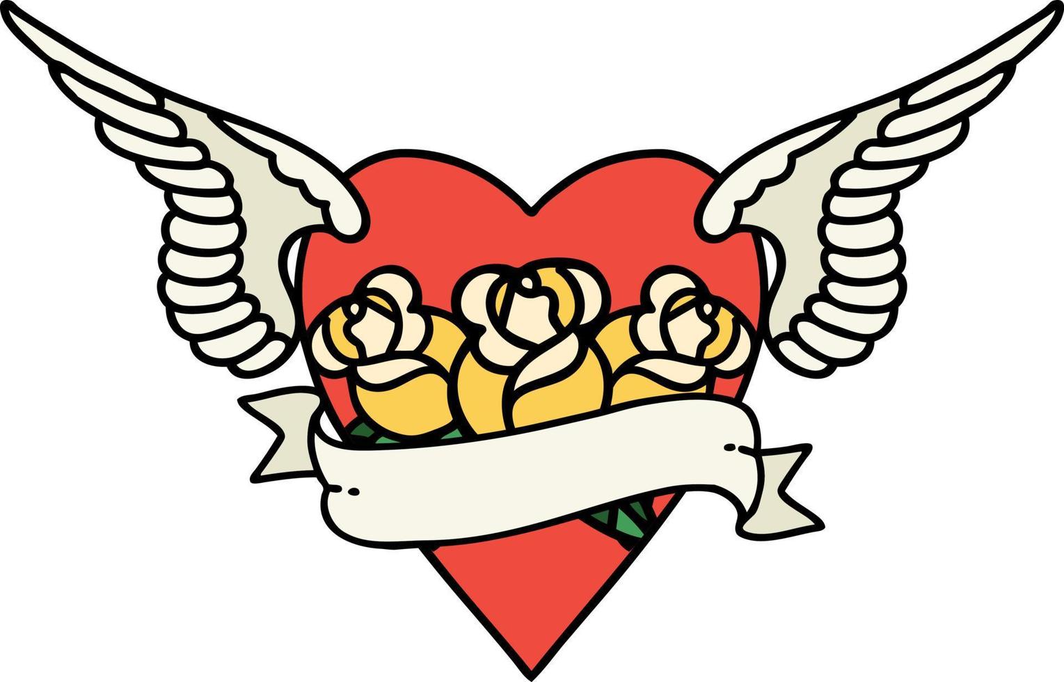 Traditionelle Tätowierung eines Herzens mit Flügeln, Blumen und Banner vektor