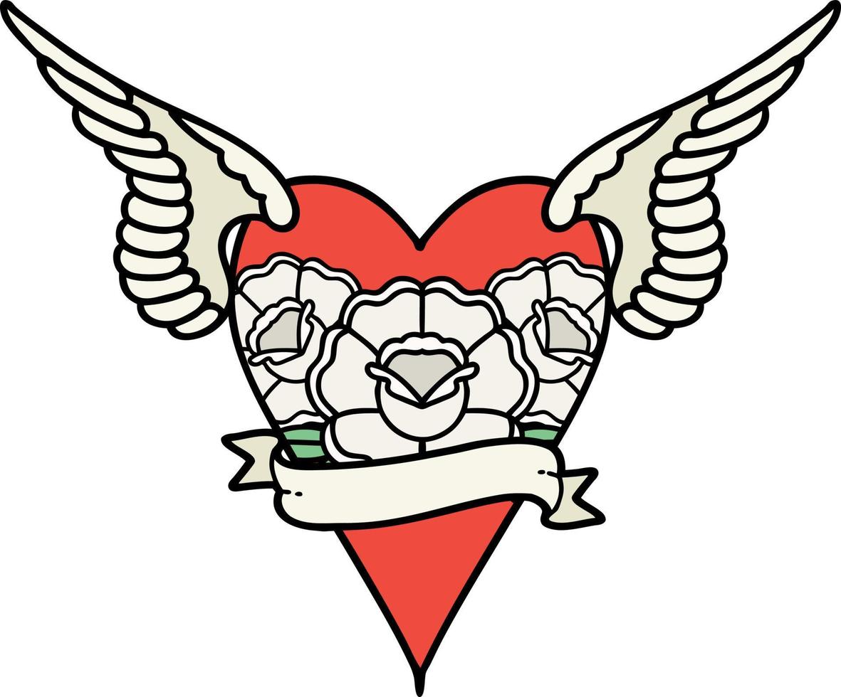 traditionell tatuering av en flygande hjärta med blommor och baner vektor