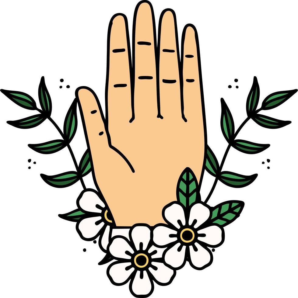 traditionelle Tätowierung einer Hand und einer Blume vektor