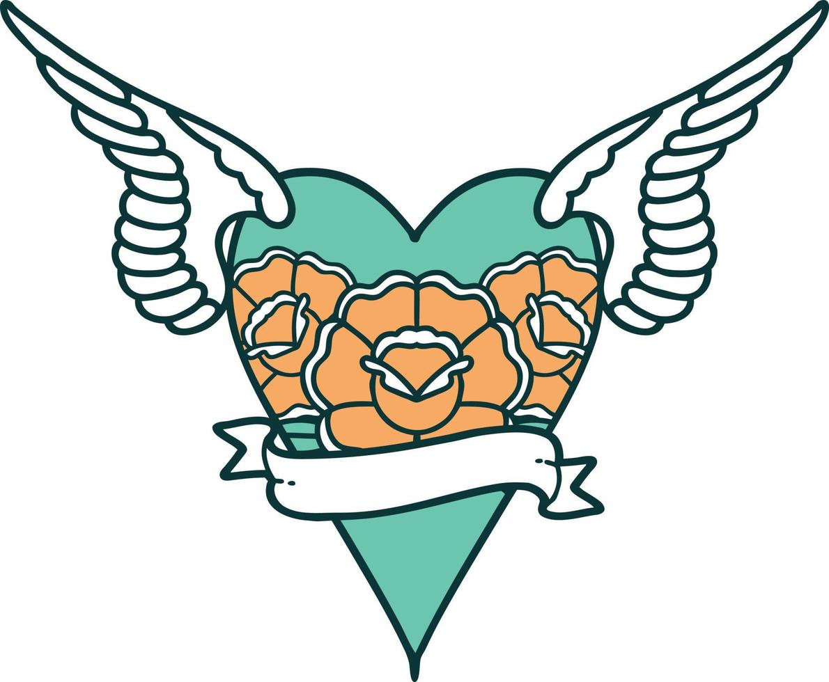 Tattoo-Stil-Ikone eines Herzens mit Flügeln und Banner vektor
