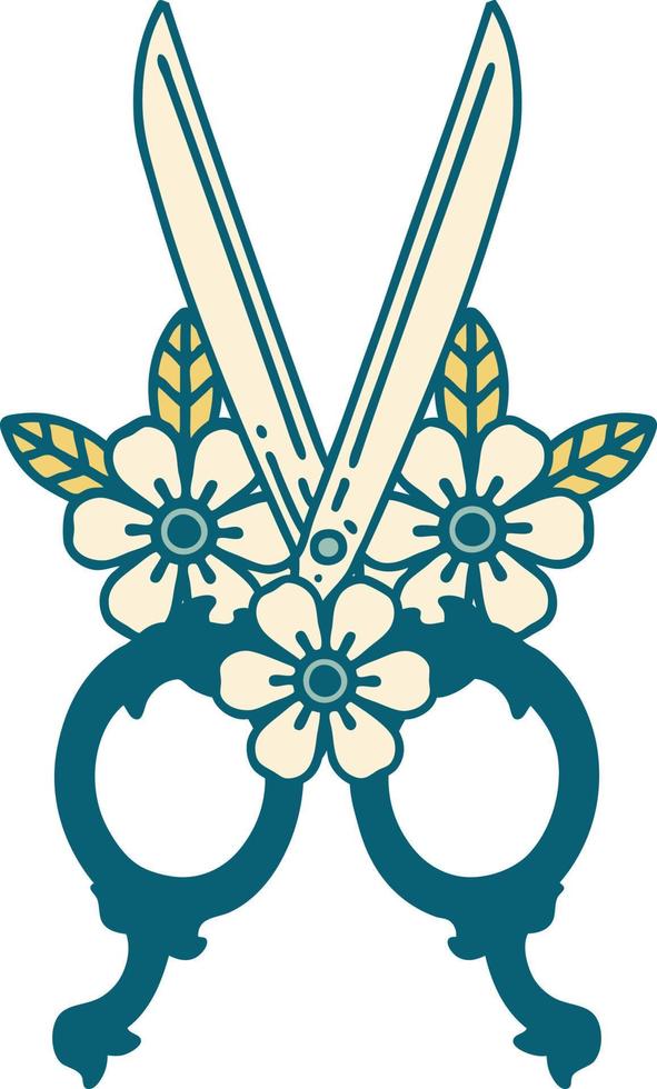 Tattoo-Stil-Ikone einer Friseurschere und Blumen vektor
