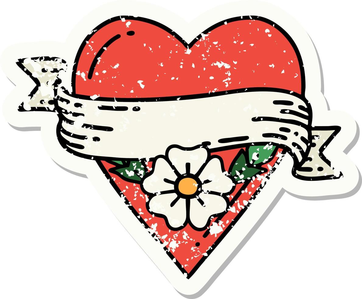 Traditionelles Distressed Sticker Tattoo einer Herzblume und eines Banners vektor