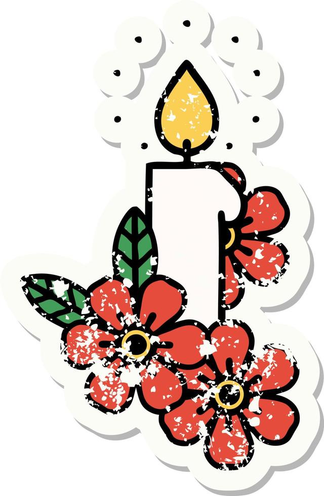 traditionell bedrövad klistermärke tatuering av en ljus och blommor vektor