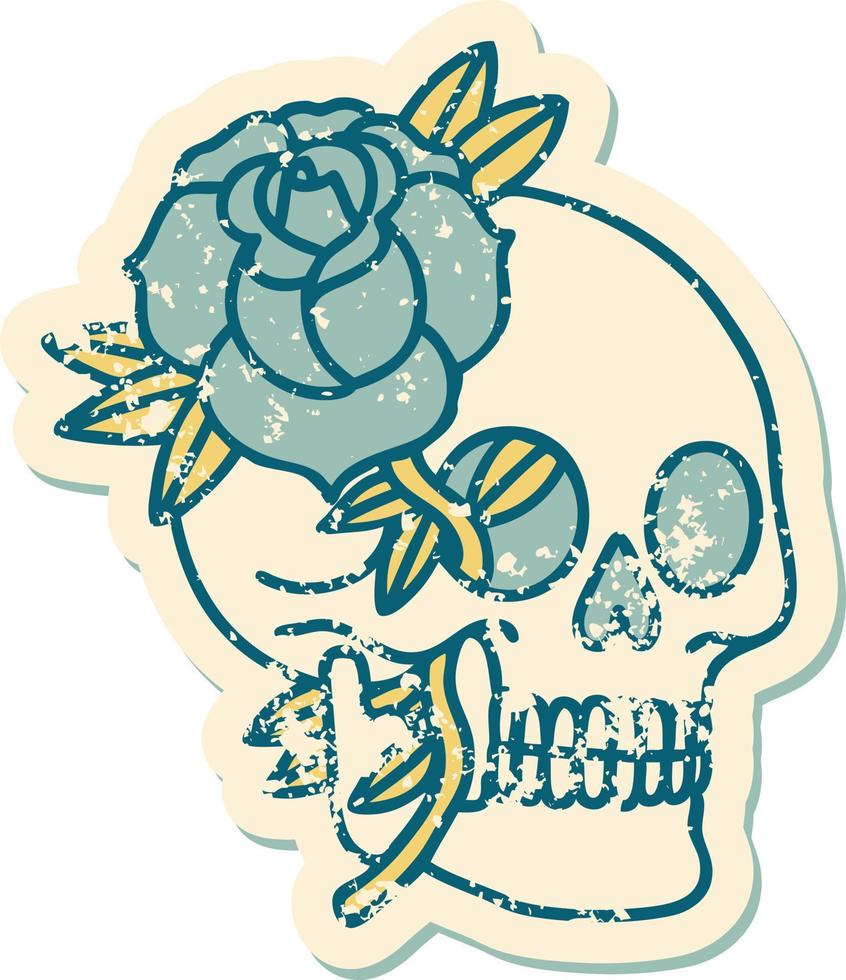 Distressed Sticker Tattoo Stil Ikone eines Totenkopfes und einer Rose vektor