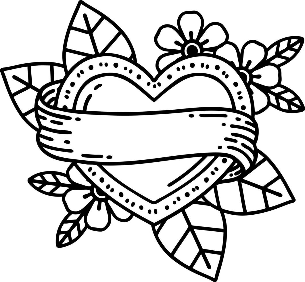 svart linje tatuering av en hjärta och baner vektor