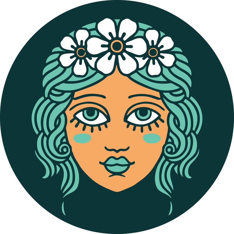 tatuering stil ikon av kvinna ansikte med krona av blommor vektor
