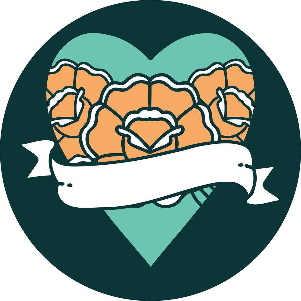Tattoo-Stil-Ikone eines Herzens und Banner mit Blumen vektor