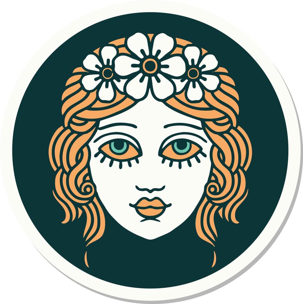 tatuering stil klistermärke av kvinna ansikte med krona av blommor vektor