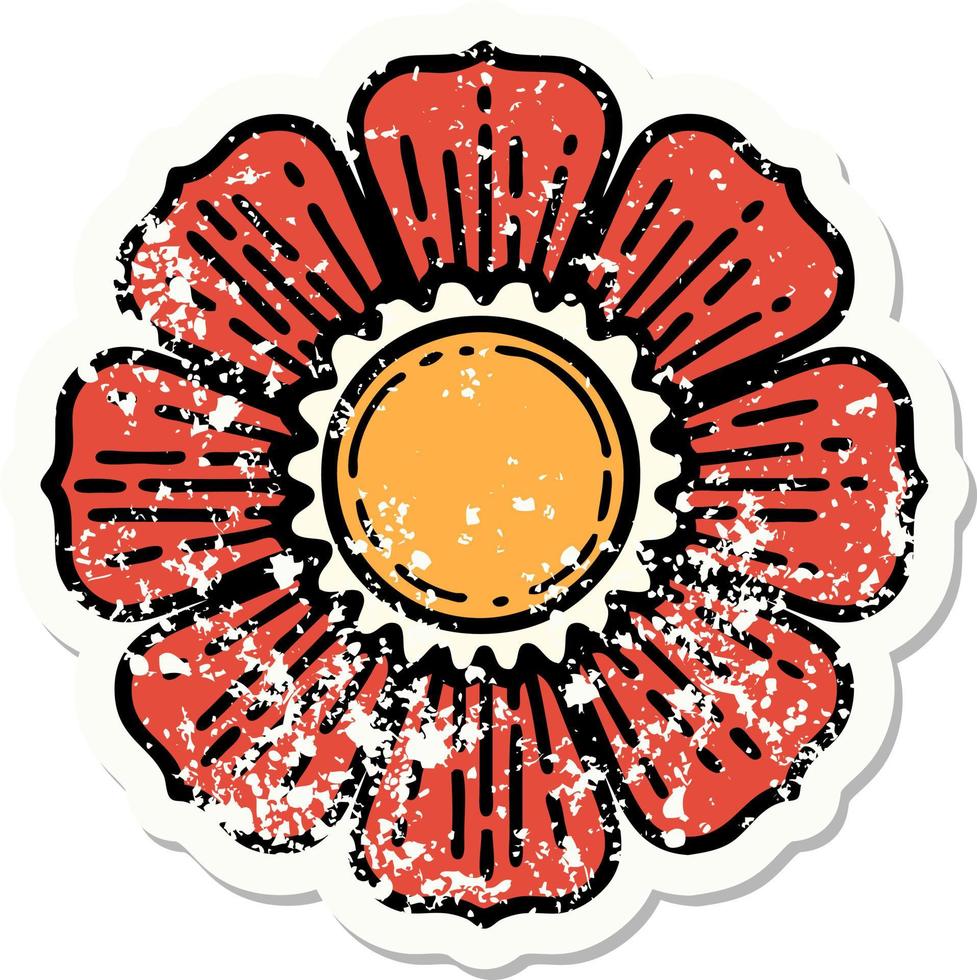 traditionell bedrövad klistermärke tatuering av en blomma vektor