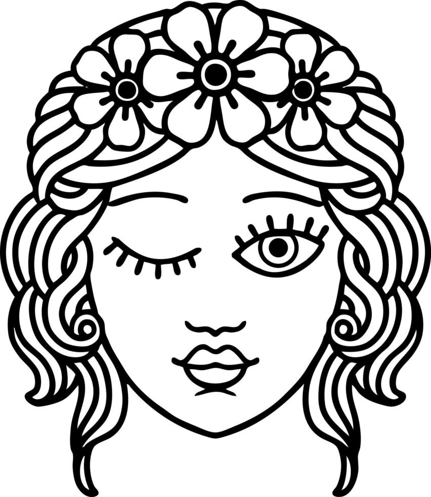 svart linje tatuering av en jungfrur ansikte blinka vektor