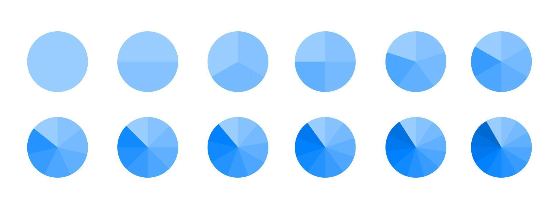 Kreise unterteilt in monochrome blaue Segmente von 1 bis 12 isoliert auf weißem Hintergrund. Kreisdiagramm für Statistik-Infografik-Beispiele. runde Formen in gleiche Scheiben geschnitten vektor