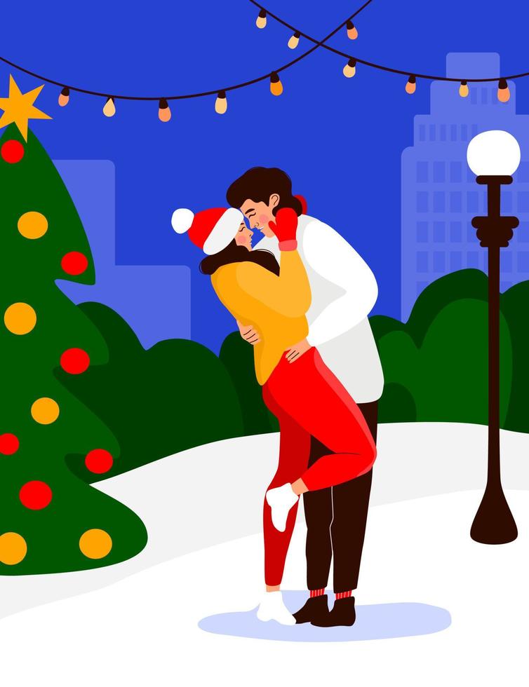 romantisches Paar umarmt sich neben Weihnachtsbaum mit abstraktem Stadtbild im Hintergrund. Weihnachtstermin im Stadtpark. mann und frau küssen sich gleich. Urlaubspostkarte. vektor
