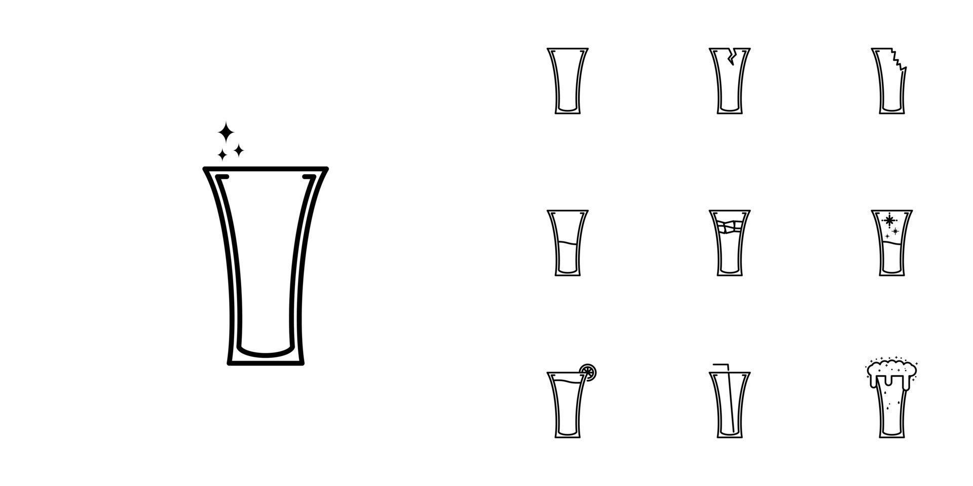 tio uppsättningar av mjuk dryck glas linje ikoner. med sugrör, is kub, citron, kall vatten, soda och skum. enkel, linje, silhuett och rena stil. svart och vit. lämplig för symboler, tecken, ikoner eller logotyper vektor