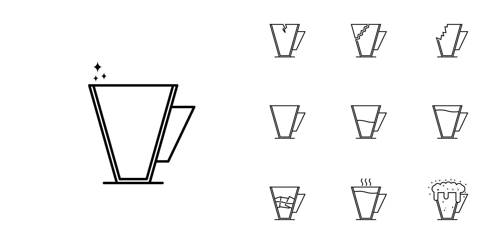 zehn sätze von kaffeetassenzeilensymbolen. mit Eiswürfel, heißem Wasser, kaltem Wasser, Soda und Schaum. Einfach, Linie, Silhouette und sauberer Stil. Schwarz und weiß. geeignet für Symbole, Zeichen, Icons oder Logos vektor