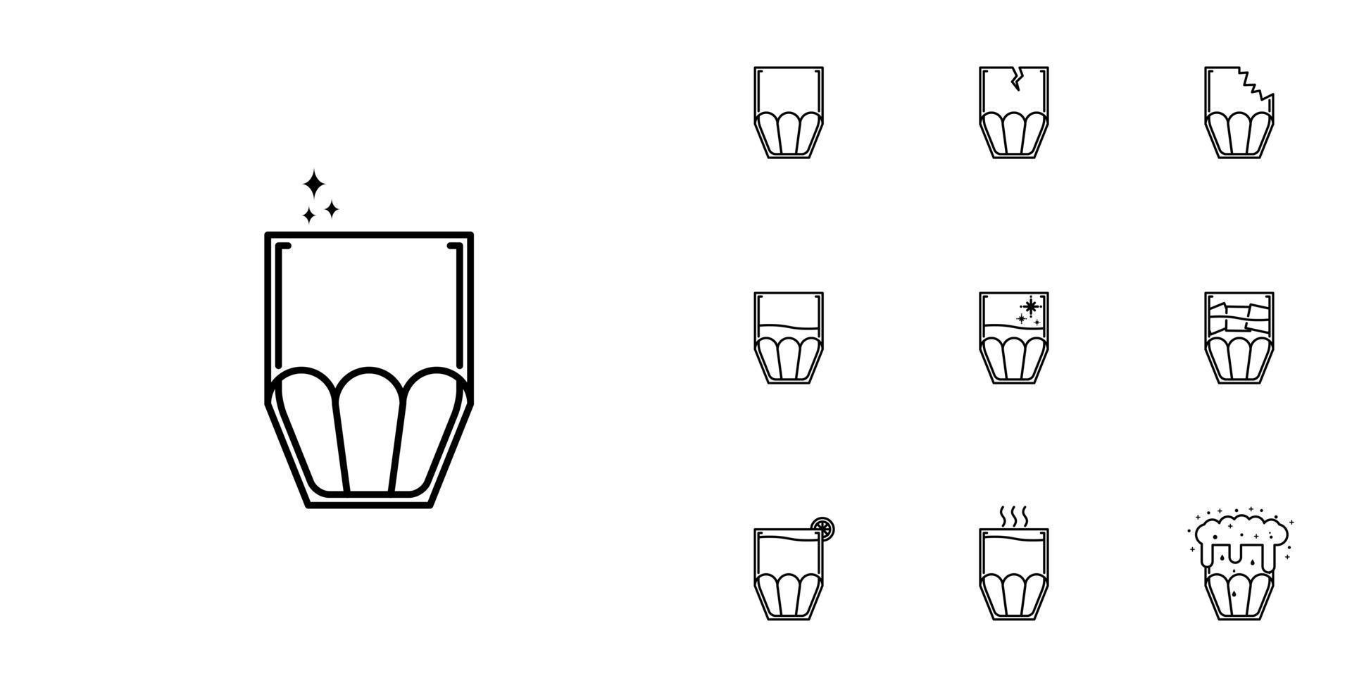 Zehn Sätze von kühleren Glasliniensymbolen. mit Eiswürfel, Zitrone, heißem Wasser, kaltem Wasser, Soda und Schaum. Einfach, Linie, Silhouette und sauberer Stil. Schwarz und weiß. geeignet für Symbole, Zeichen, Icons oder Logos vektor