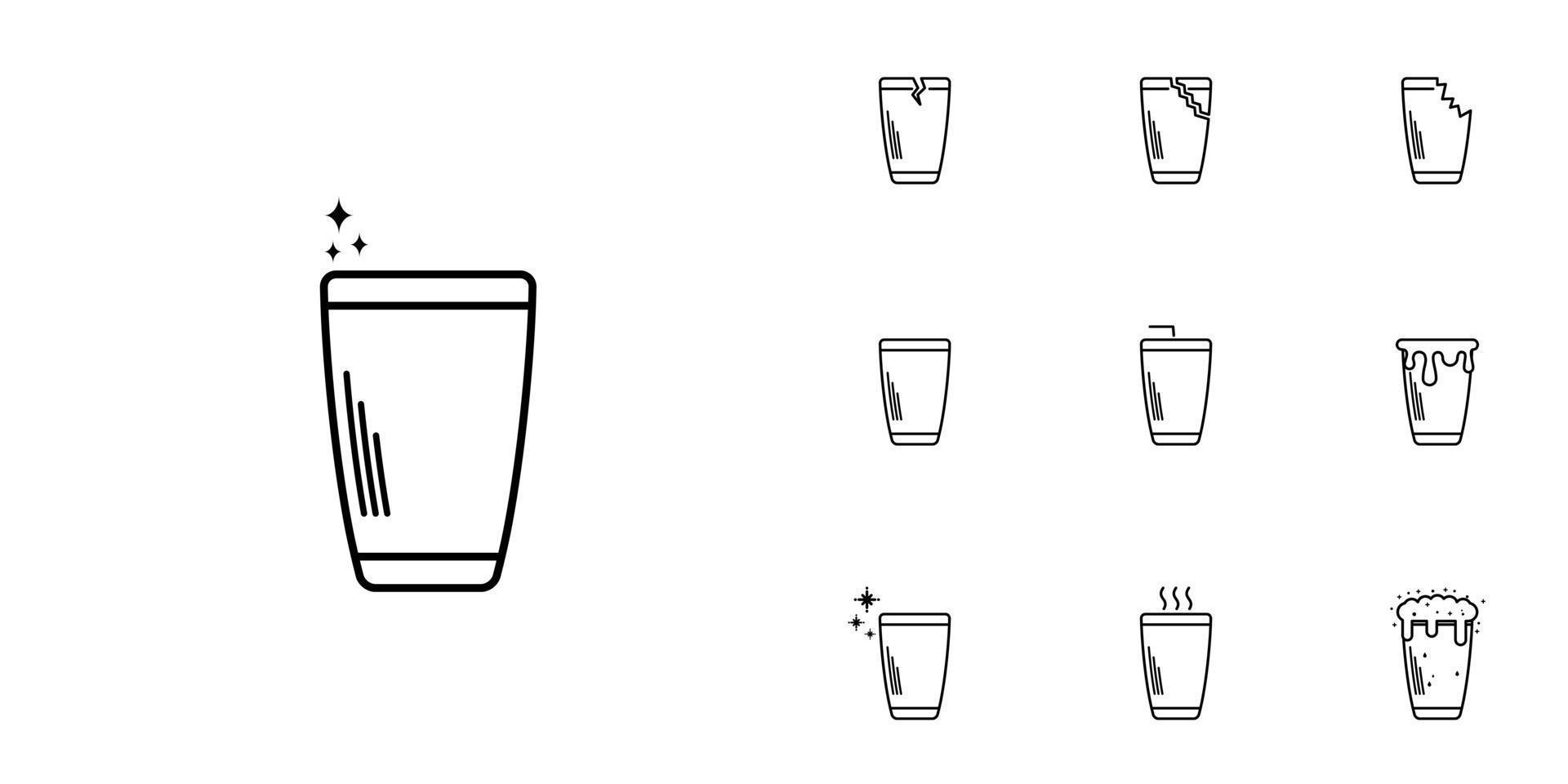 zehn sätze von tumbler- oder glaswarenliniensymbolen. mit einem Strohhalm, heißem Wasser, kaltem Wasser, Soda und Schaum. Einfach, Linie, Silhouette und sauberer Stil. Schwarz und weiß. geeignet für Symbole, Zeichen, Icons oder Logos vektor