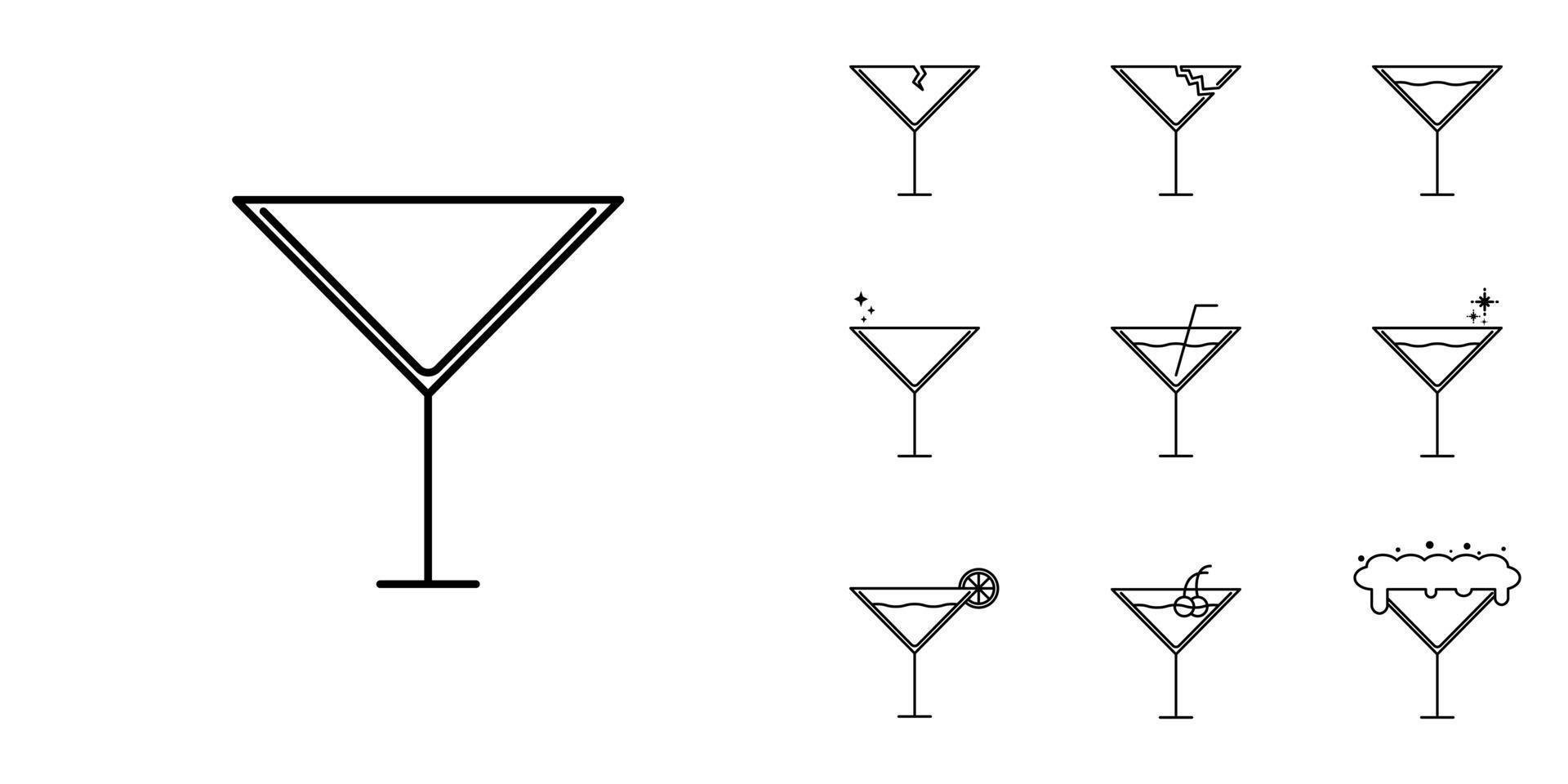 Zehn Sätze von Martini-Cocktail-Glaszeilensymbolen. mit Stroh, Zitrone, Kirsche, kaltem Wasser, Soda und Schaum. Einfach, Linie, Silhouette und sauberer Stil. Schwarz und weiß. geeignet für symbol, zeichen, symbol oder logo vektor