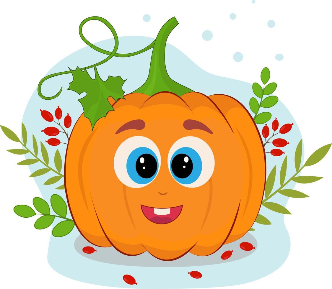 pumpa. de symbol av de halloween Semester. vegetabiliska begrepp. tecknad serie tecken för barns färg bok, färg sidor, t-shirt skriva ut, bricka, logotyp, märka, lappa, klistermärke. vektor