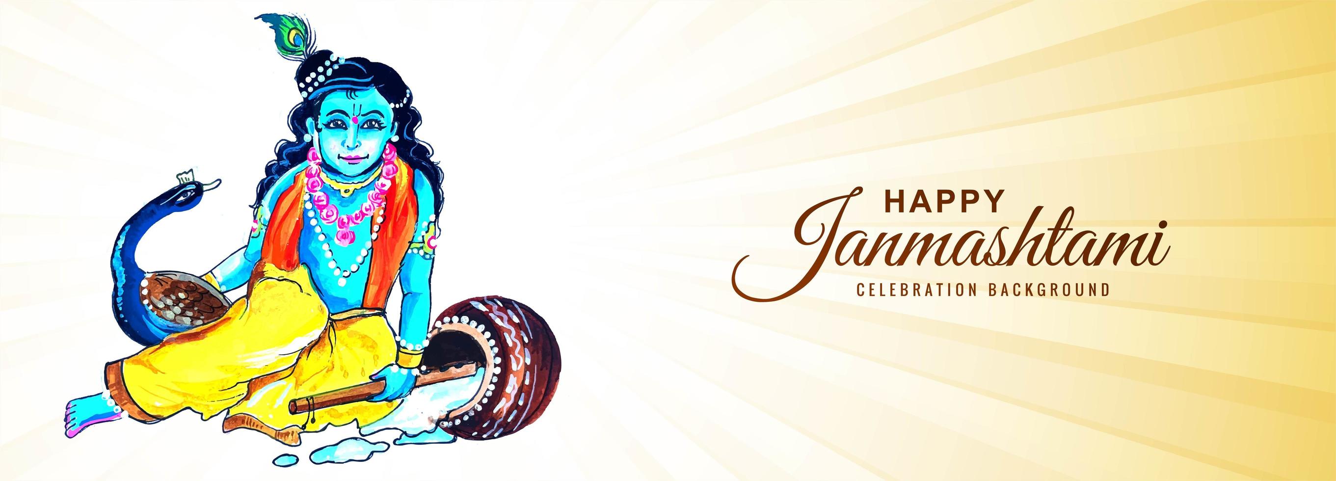 Lord Krishna Sitzen mit Pfau Janmashtami Banner Hintergrund vektor