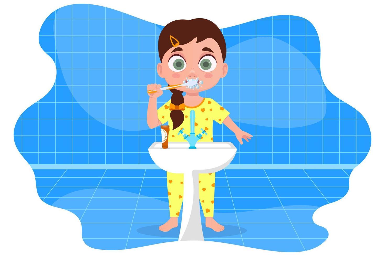 Kind im Schlafanzug, der sich im Badezimmer die Zähne putzt vektor