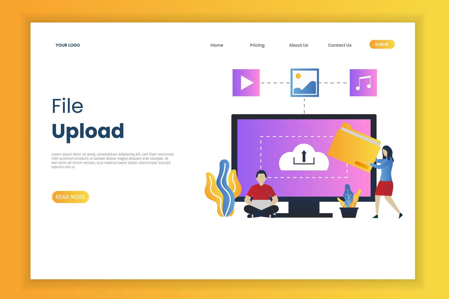 Datei-Upload-Landingpage-Vorlage mit kleinen Leuten vektor