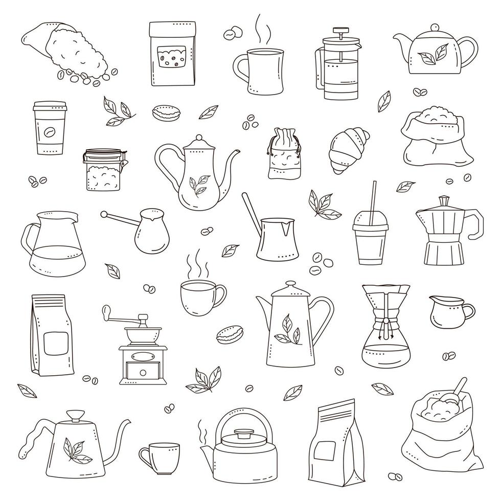 Kaffeeobjekte gesetzt. Wasserkocher, Töpfe, Kraftpapiertüten, Tasse, Becher, Makrone, Krug, Geysir-Kaffeemaschine, Kaffeemühle, Croissant. Doodle-Stil. vektor