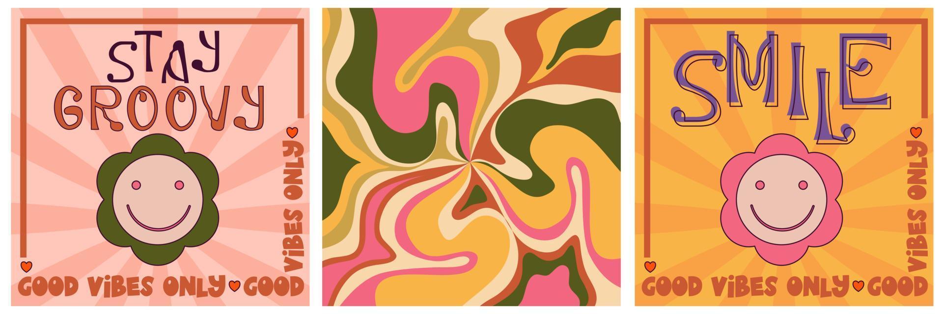 Retro-Groovy-Poster-Set, Hippie-Design der 70er Jahre. modernes grooviges Poster mit Blume und Welle. Retro 60er 70er psychedelisches Muster. Vintage Blumenhintergrund vektor