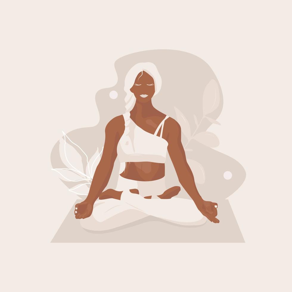 Schwarzes Mädchen mit weißen Haaren, das Yoga im Lotussitz macht. vektor