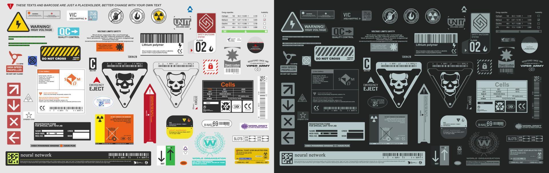 industrieller Sci-Fi-Aufkleber oder Warnschild für die Rendervektorsammlung für harte Oberflächen vektor