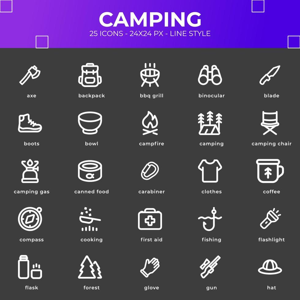 camping ikon packa med svart Färg vektor