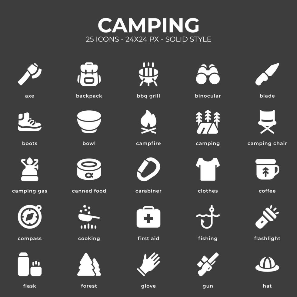 Camping-Icon-Pack mit schwarzer Farbe vektor
