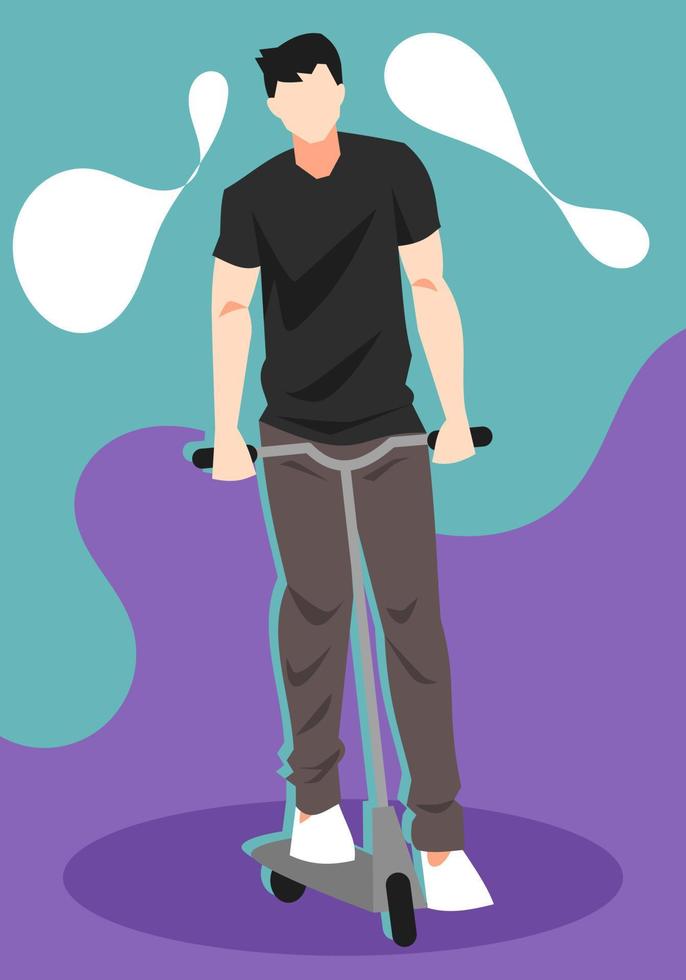 Illustration eines Teenagers, der einen Roller spielt. geeignet für jugendthemen, lifestyle, hobbys, fahrzeuge, spielen usw. flacher vektor