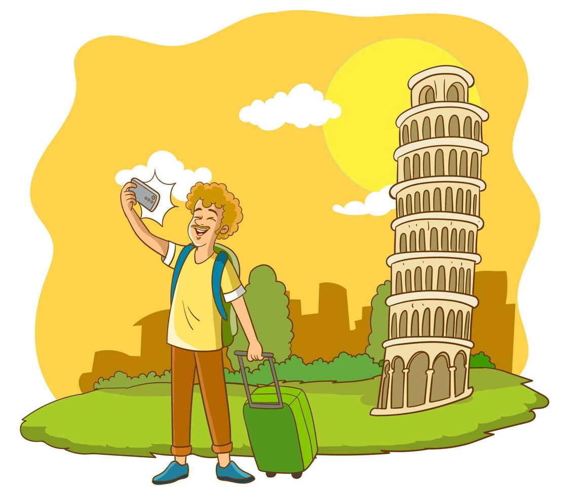 turist tar selfie på pisa torn. vektor illustration