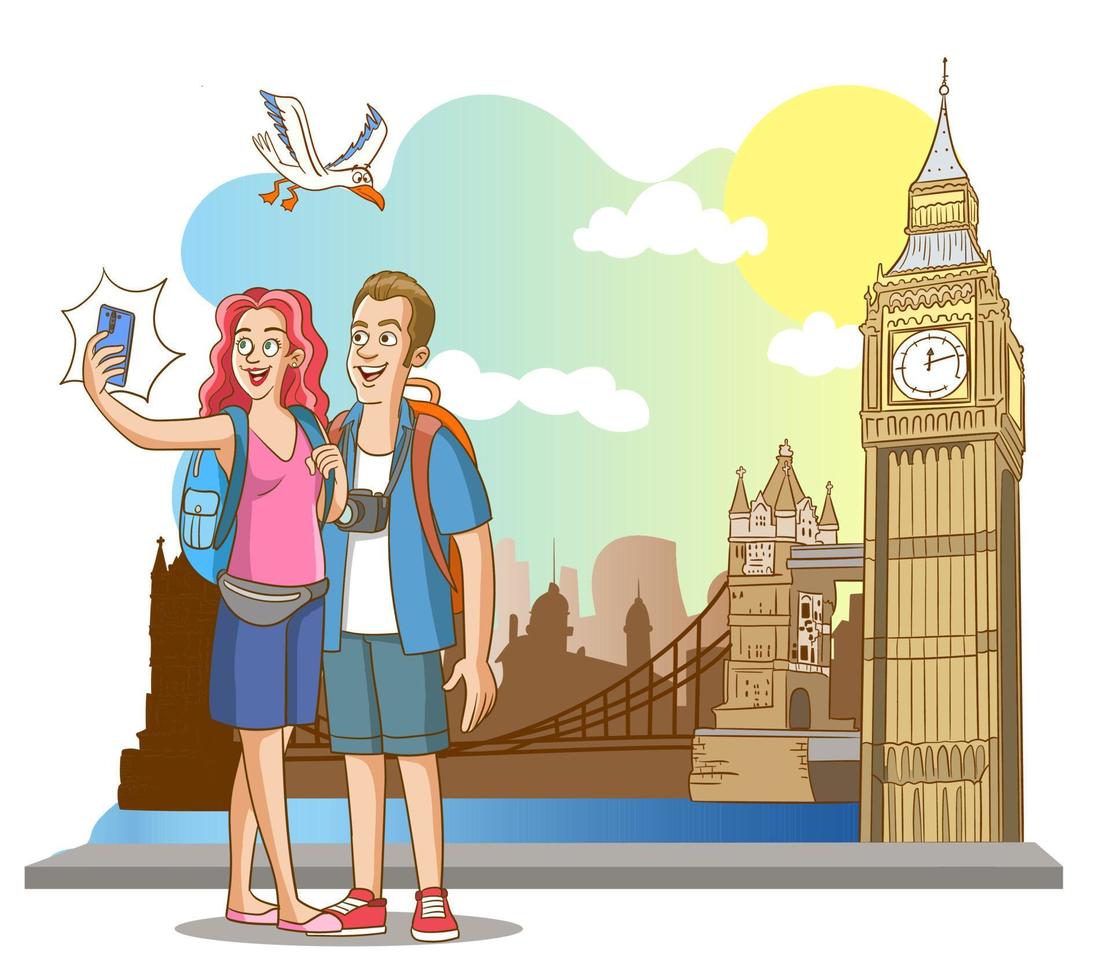 touristisches paar, das selfie vor big ben in london-vektorillustration nimmt vektor