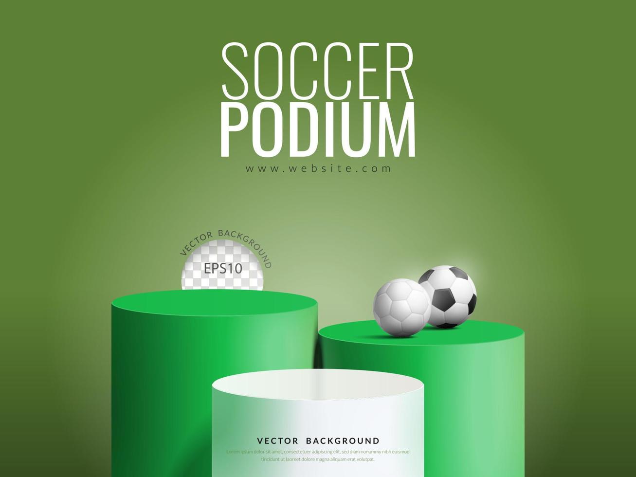 fotboll produkt visa begrepp, tre steg grön och vit podium med boll på grön bakgrund, vektor illustration