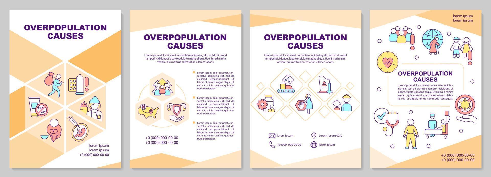 Überbevölkerung verursacht orangefarbene Broschürenvorlage. Wachstumsgründe. Broschürendesign mit linearen Symbolen. editierbare 4 Vektorlayouts für Präsentationen, Jahresberichte. vektor