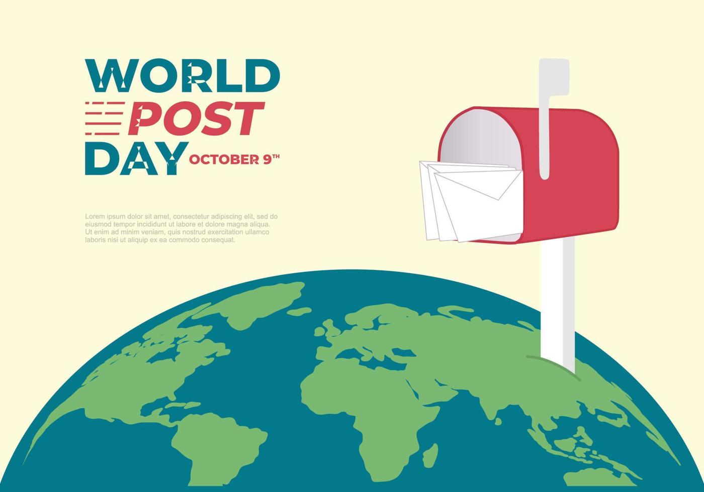 Weltposttag Hintergrund mit rotem Kasten auf der Erde. vektor