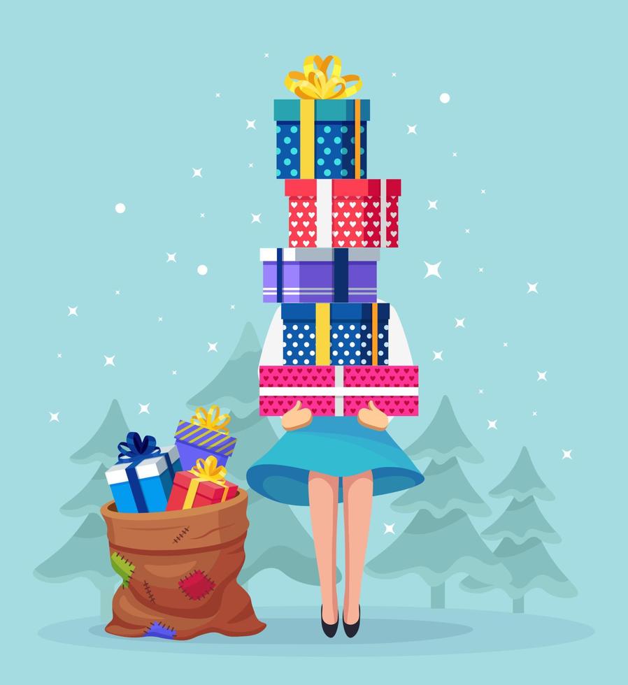 Frau hält Stapel, Stapel bunt verpackter Geschenkboxen, Geschenksack mit Schleife, Schleife. Überraschung für den Urlaub. frohe weihnachten, neujahrskonzept vektor