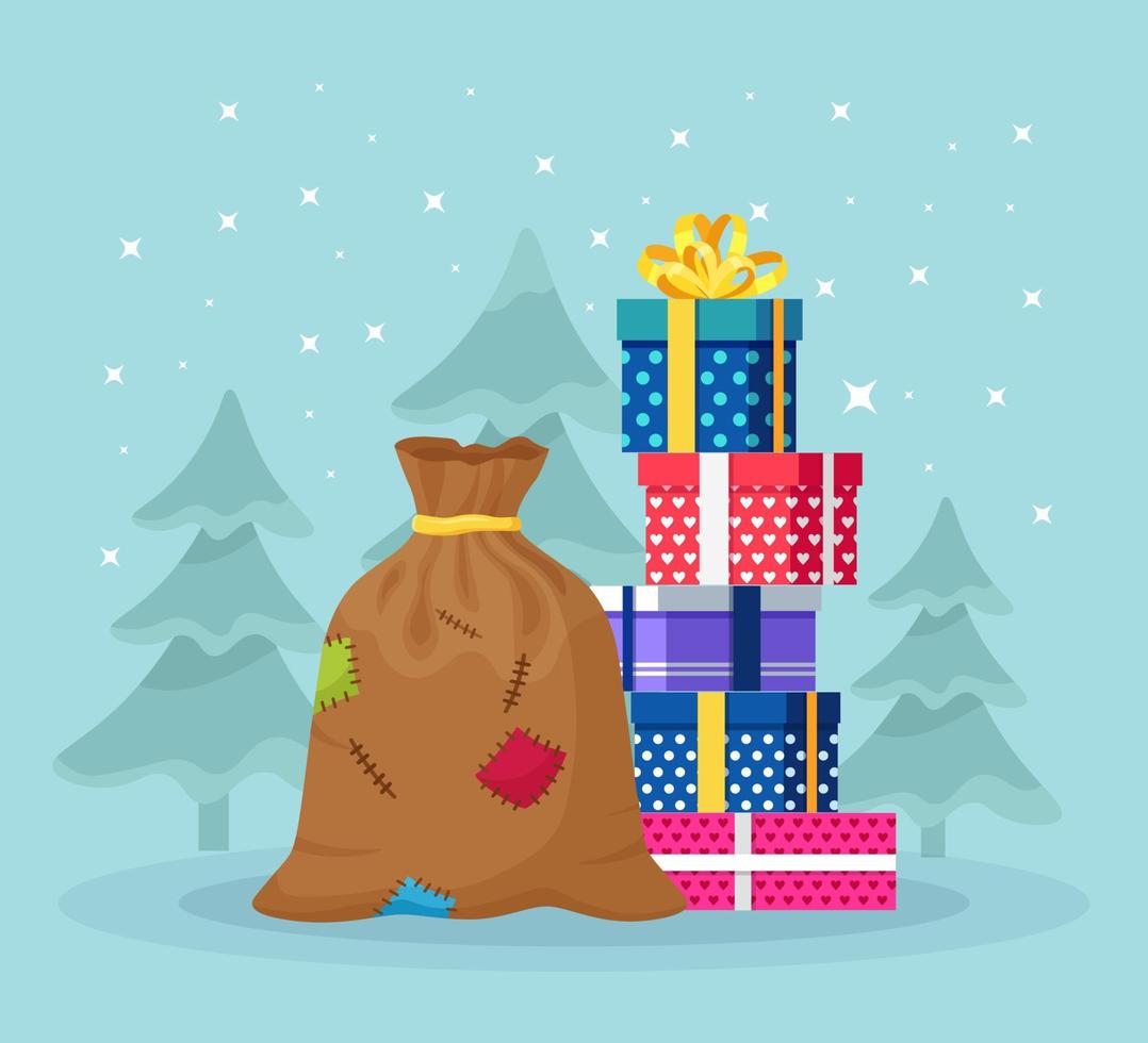 santa claus väska med stack, lugg av omslag gåva låda. jul säck full av presenterar, sötsaker. xmas försäljning, Lycklig ny år begrepp vektor