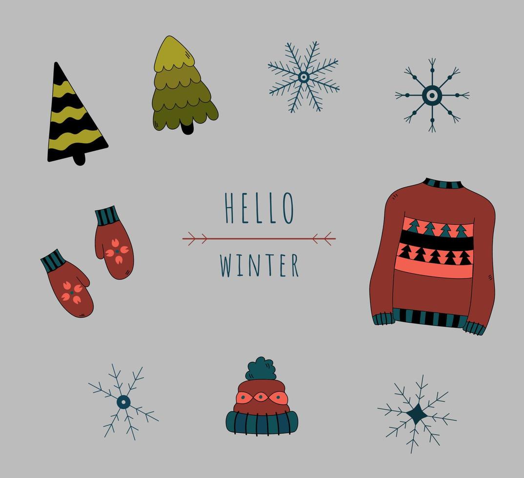 Hej vinter- klotter isolerat uppsättning. hand dragen snöflingor, jul träd, Tröja, vantar, hatt. vinter- vektor illustration klämma konst