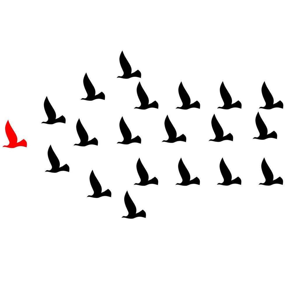 vektor illustration av en grupp av fåglar flygande följande deras ledare. svart fågel koloni design begrepp följande röd fågel. isolerat på en vit bakgrund. bra för logotyper handla om fåglar.