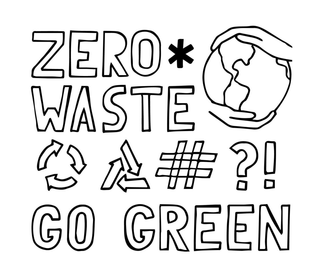 Zero Waste Go Green Schriftzug. Hände, die die Erde halten. Recycling-Symbol. vektor