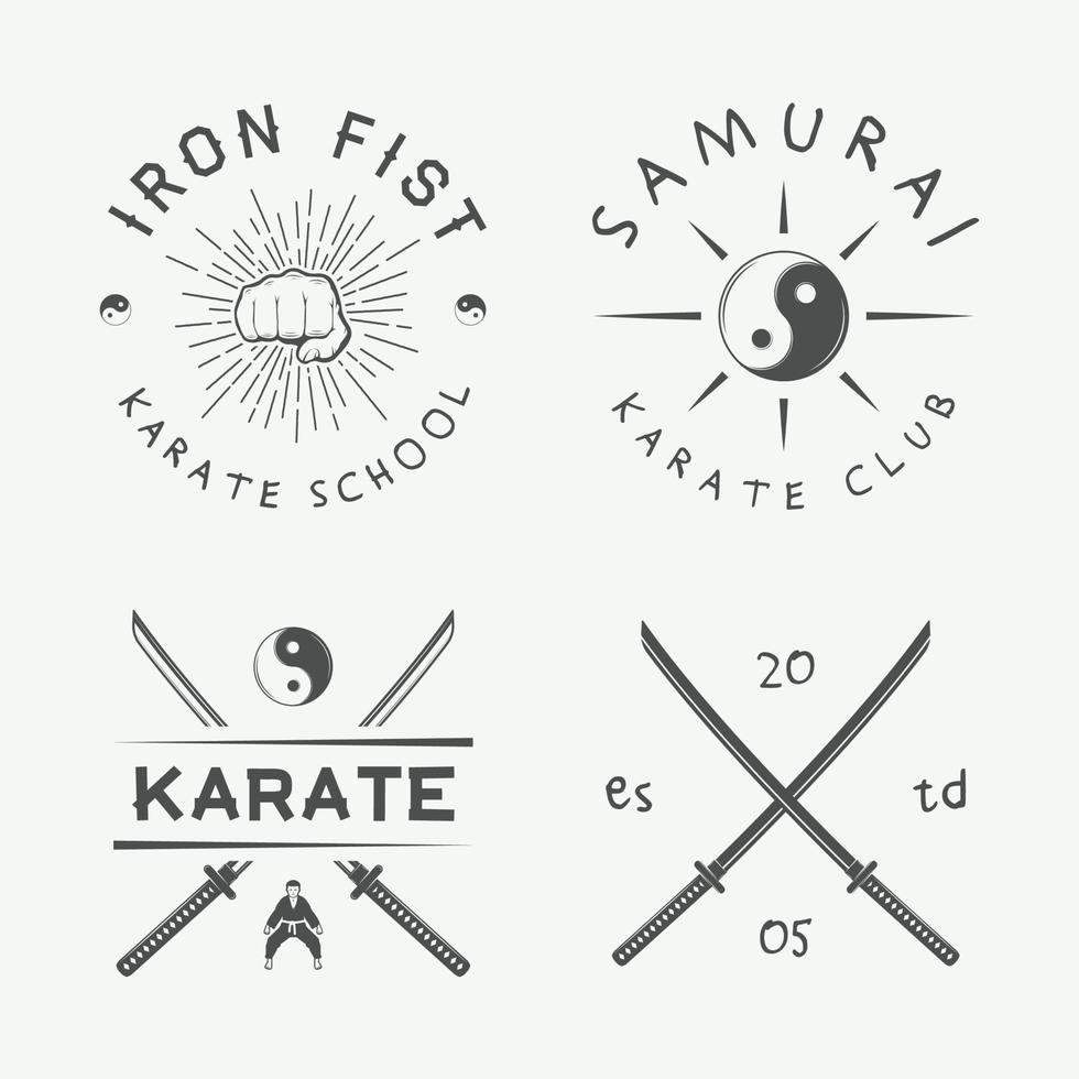 uppsättning av årgång karate eller krigisk konst logotyp, emblem, bricka, märka och design element i retro stil. illustration vektor