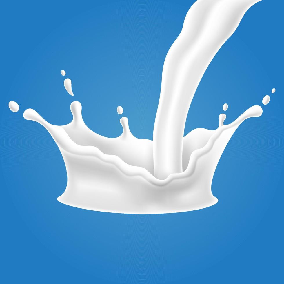 vektor illustrationer av mjölk stänk och hälla, realistisk naturlig mejeri Produkter, yoghurt eller grädde, isolerat på blå bakgrund.