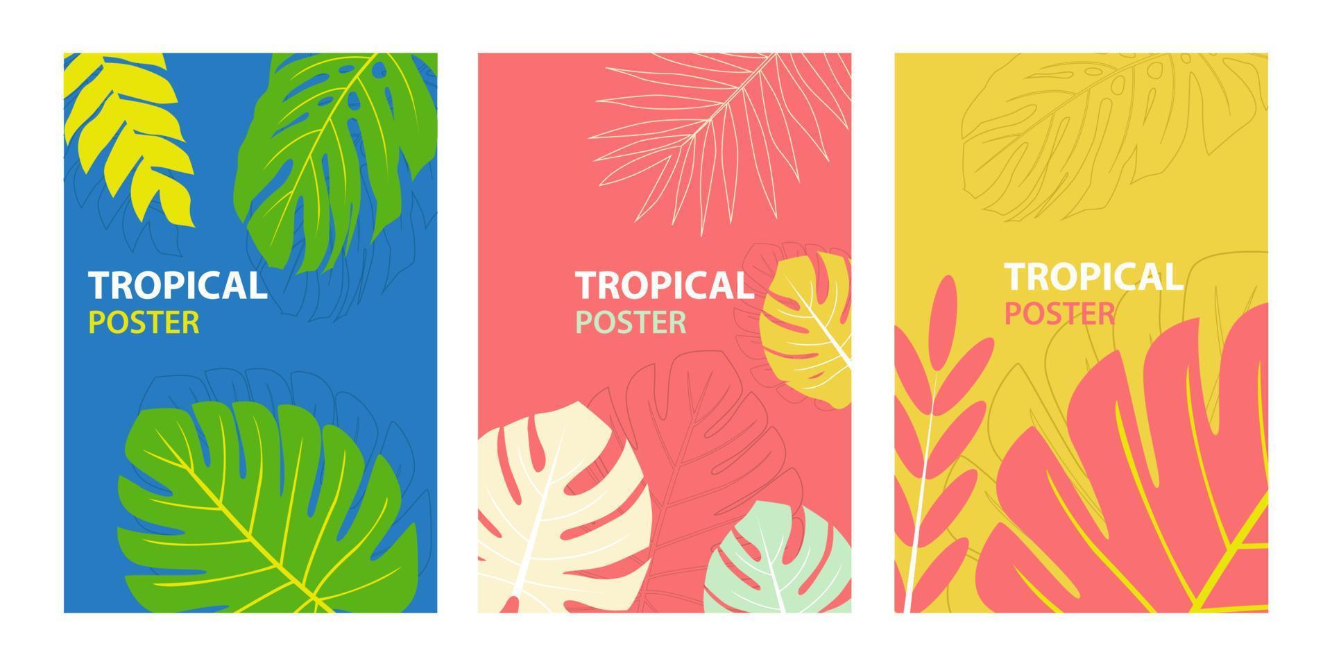enkel uppsättning av tropisk tema affischer. kreativ sammansättning av monstera deliciosa tropisk löv. abstrakt geometrisk design mall för affisch vektor