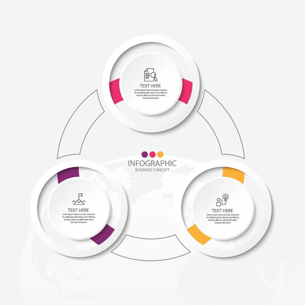 Grundlegende Kreis-Infografik-Vorlage mit 3 Schritten, Prozess oder Optionen, Prozessdiagramm, verwendet für Prozessdiagramm, Präsentationen, Workflow-Layout, Flussdiagramm, Infograph. eps10-Vektorillustration. vektor