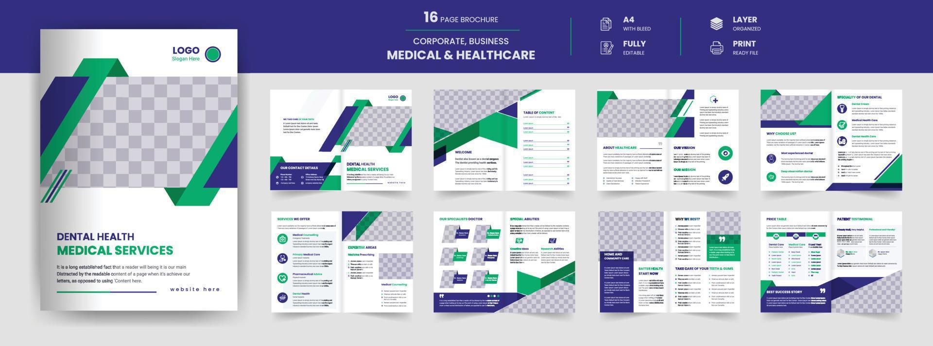 16 sida medicinsk broschyr mall, sjukvård årlig Rapportera, sjukhus företag profil mall layout a4 storlek vektor design