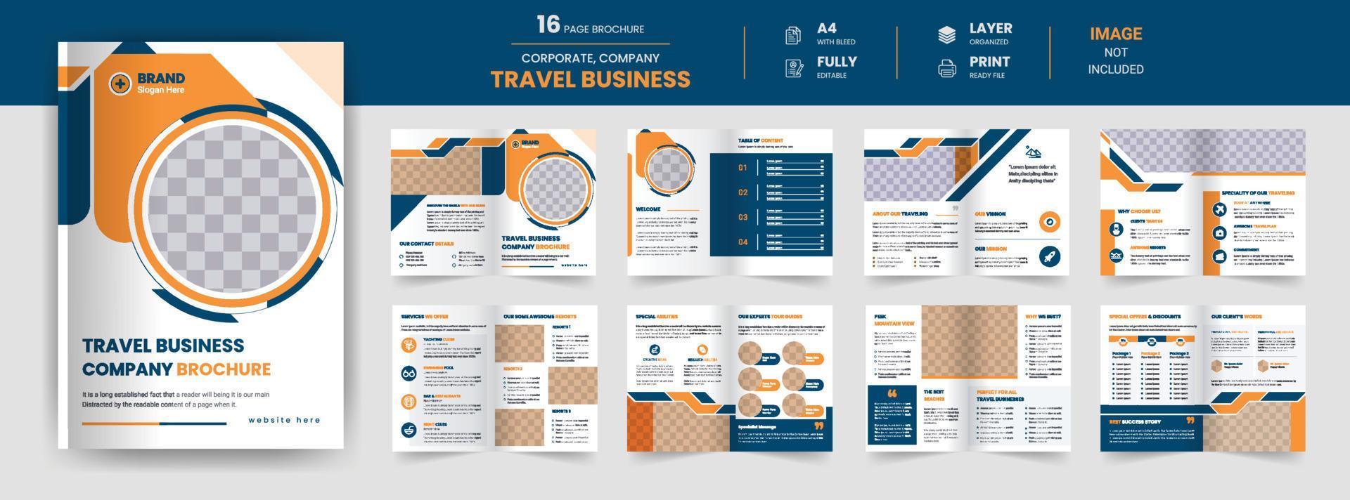 16-seitige Tour- und Reisebüro-Geschäftsbroschüre, Unternehmensprofil und Gestaltung des Jahresberichts vektor